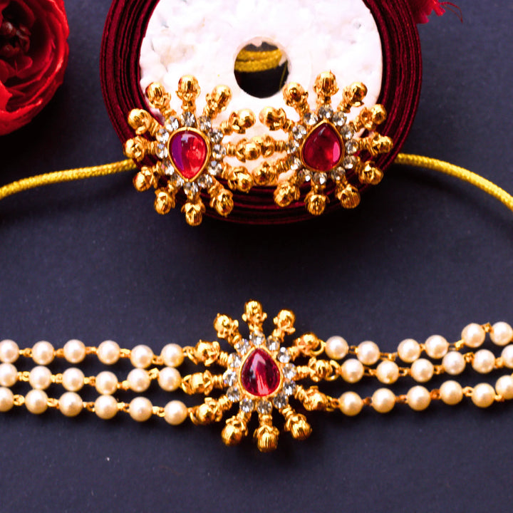 Stylish Pearl Choker Necklace Set With Green and Red Stones FS180 - freakysera