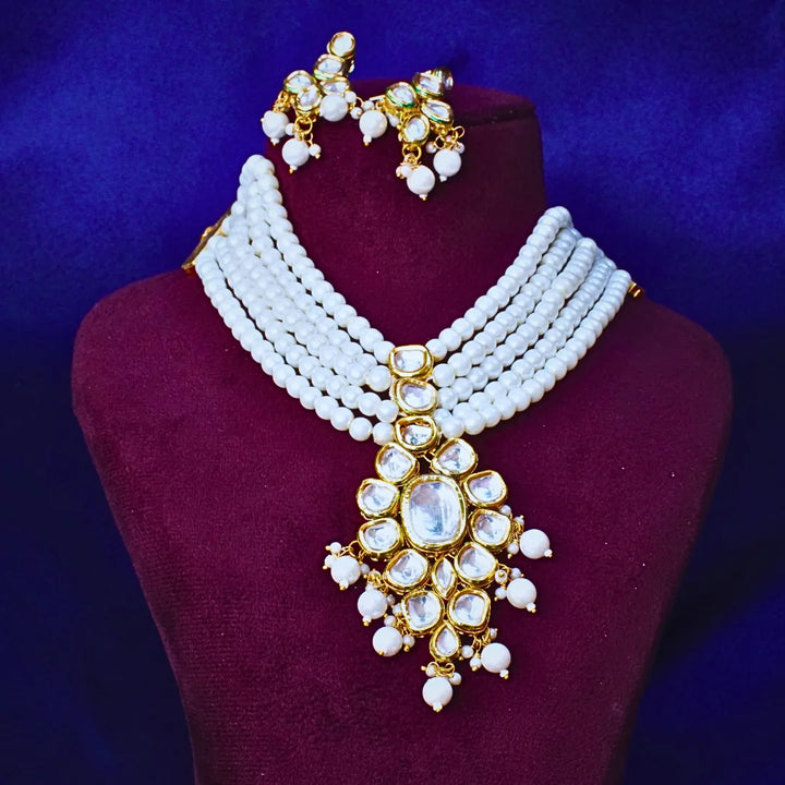 Three Strand Pearl Choker Necklace with Golden Pendant FS243N - freakysera